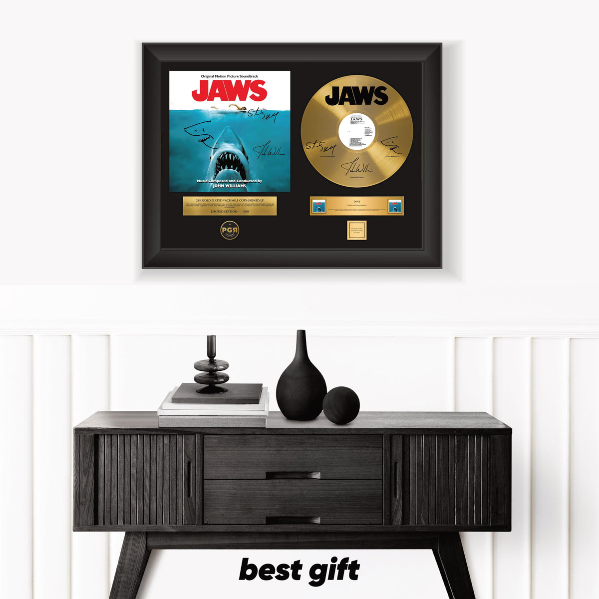 Jaws  – Framed Gold Plated Record Vinyl  – Copy Signed – Premium Wall Art
