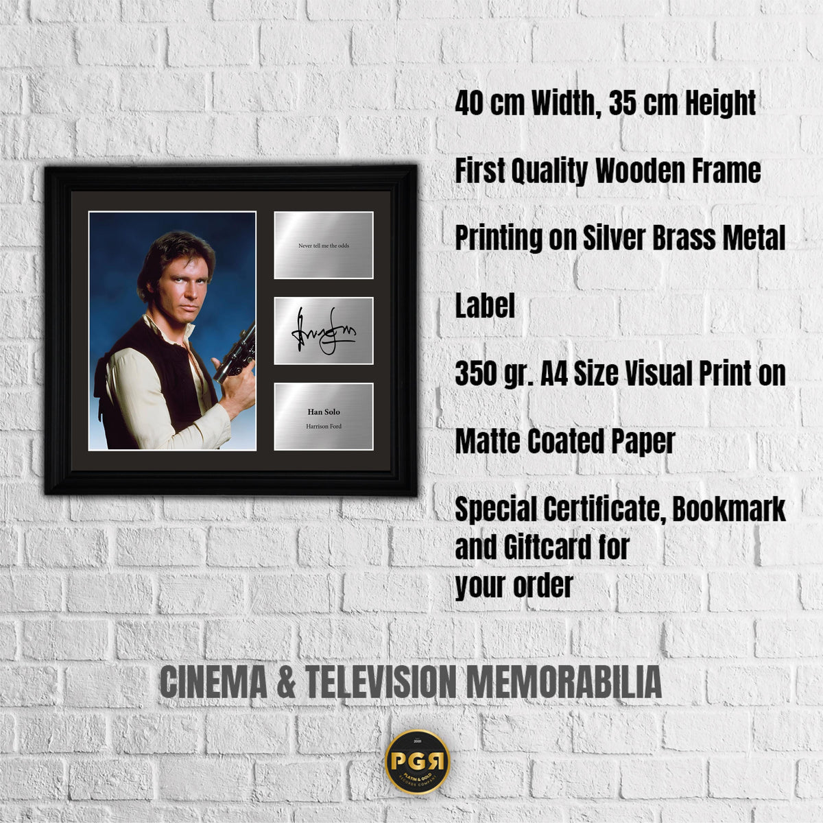Han Solo - Harrison Ford  - Framed Movie Character Print with Copy Signed