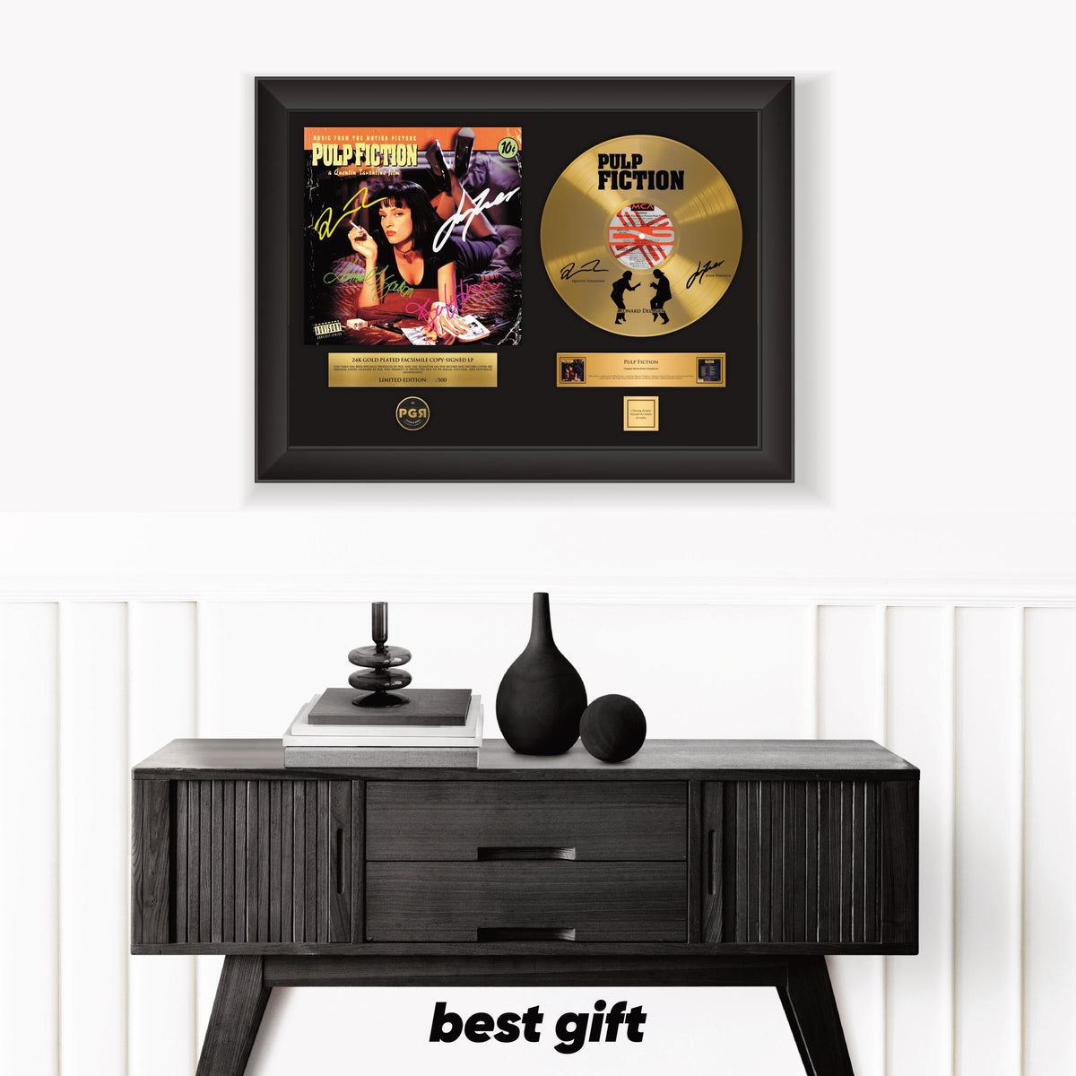 Pulp Fiction – Framed Gold Plated Record Vinyl  – Copy Signed – Premium Wall Art
