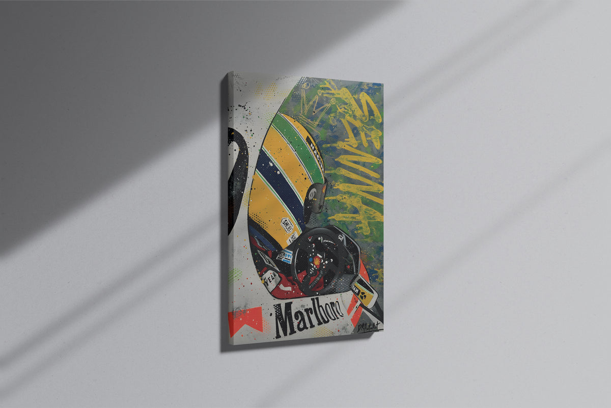 GeekCultcha Premium Canvas Painting with Ayrton Senna Helmet and Marlboro Theme.