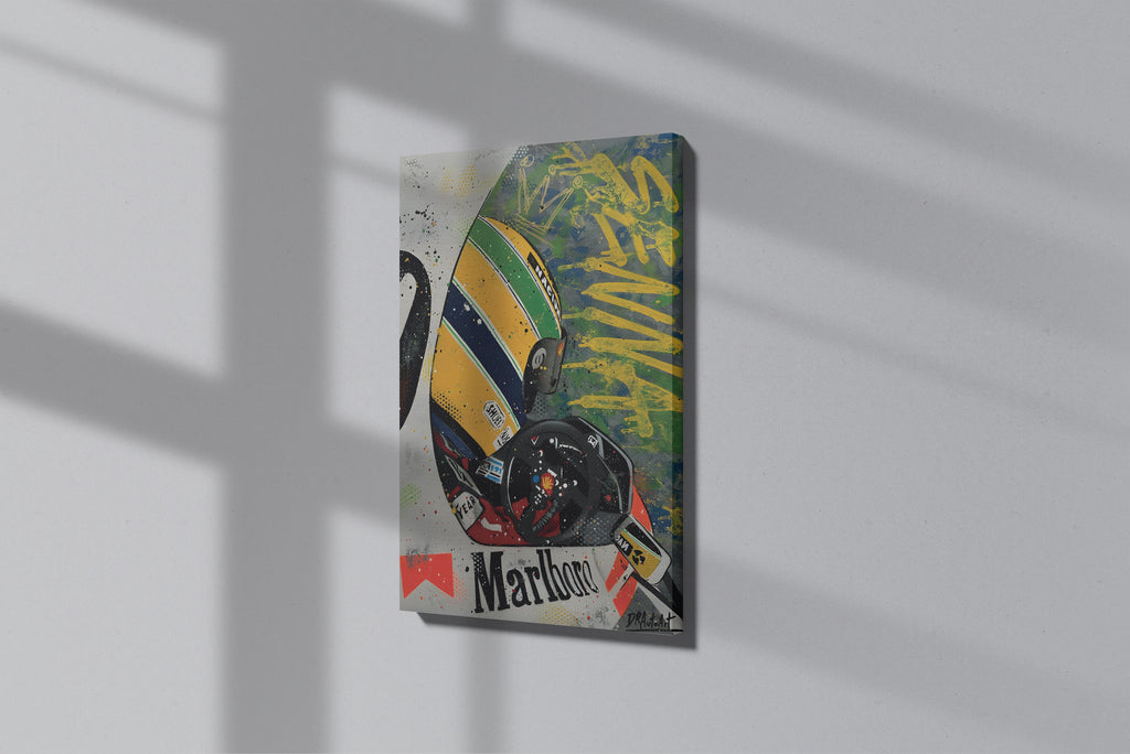 GeekCultcha Premium Canvas Painting with Ayrton Senna Helmet and Marlboro Theme.