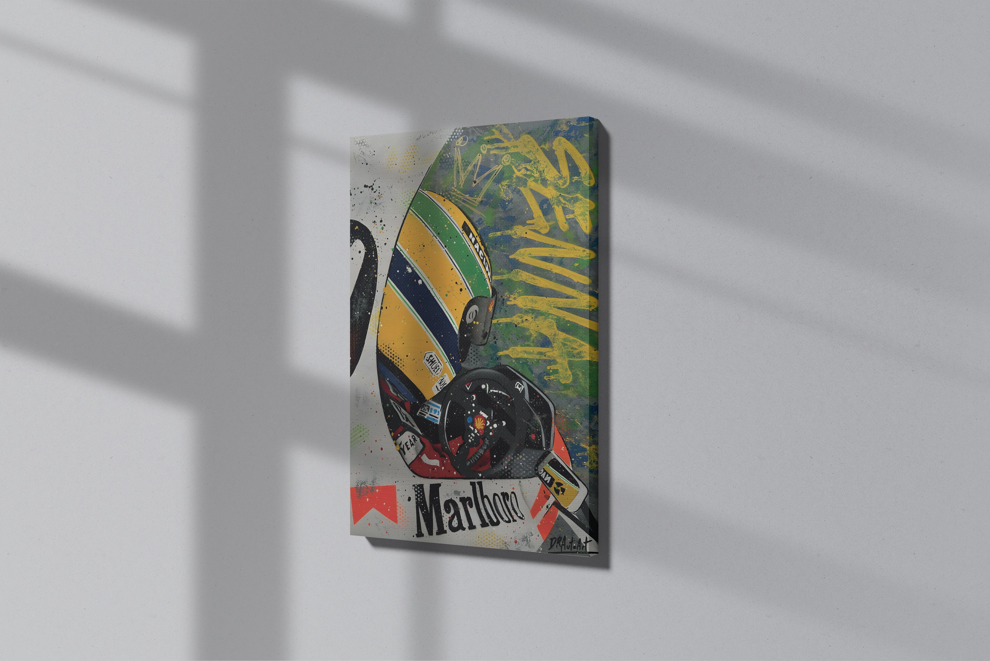 GeekCultcha Premium Canvas Painting with Ayrton Senna Helmet and Marlboro Theme.